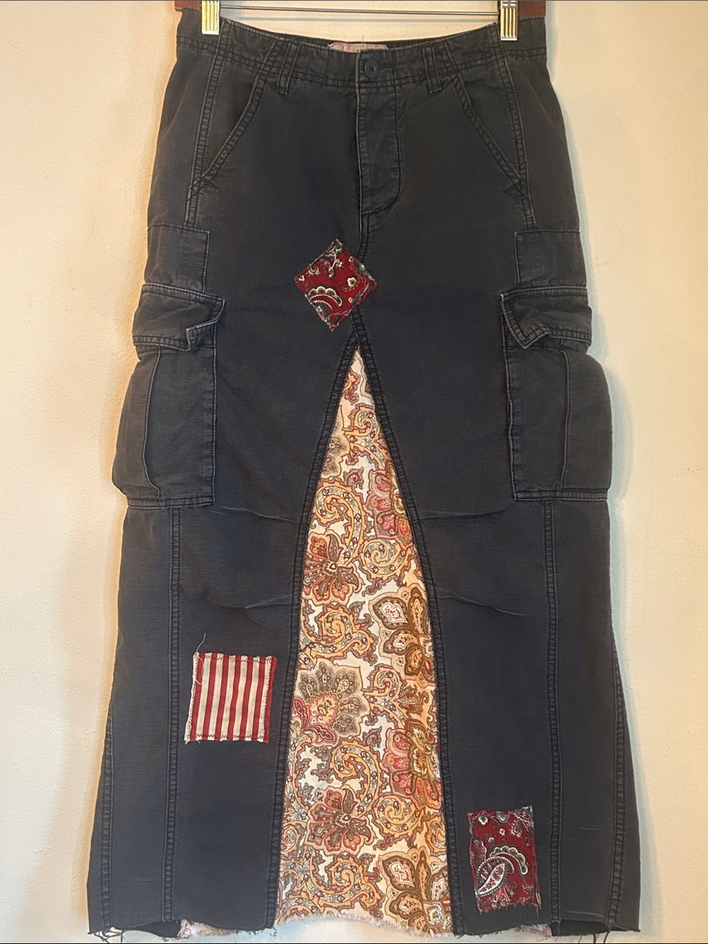 Upcycled Free People patched cargo Maxi Skirt with Paisley inset
